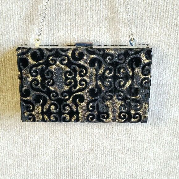 Evening Bag Clutch Purse Formal Black Velvet Baroque Metal Clasp Chain Strap - Picture 5 of 10
